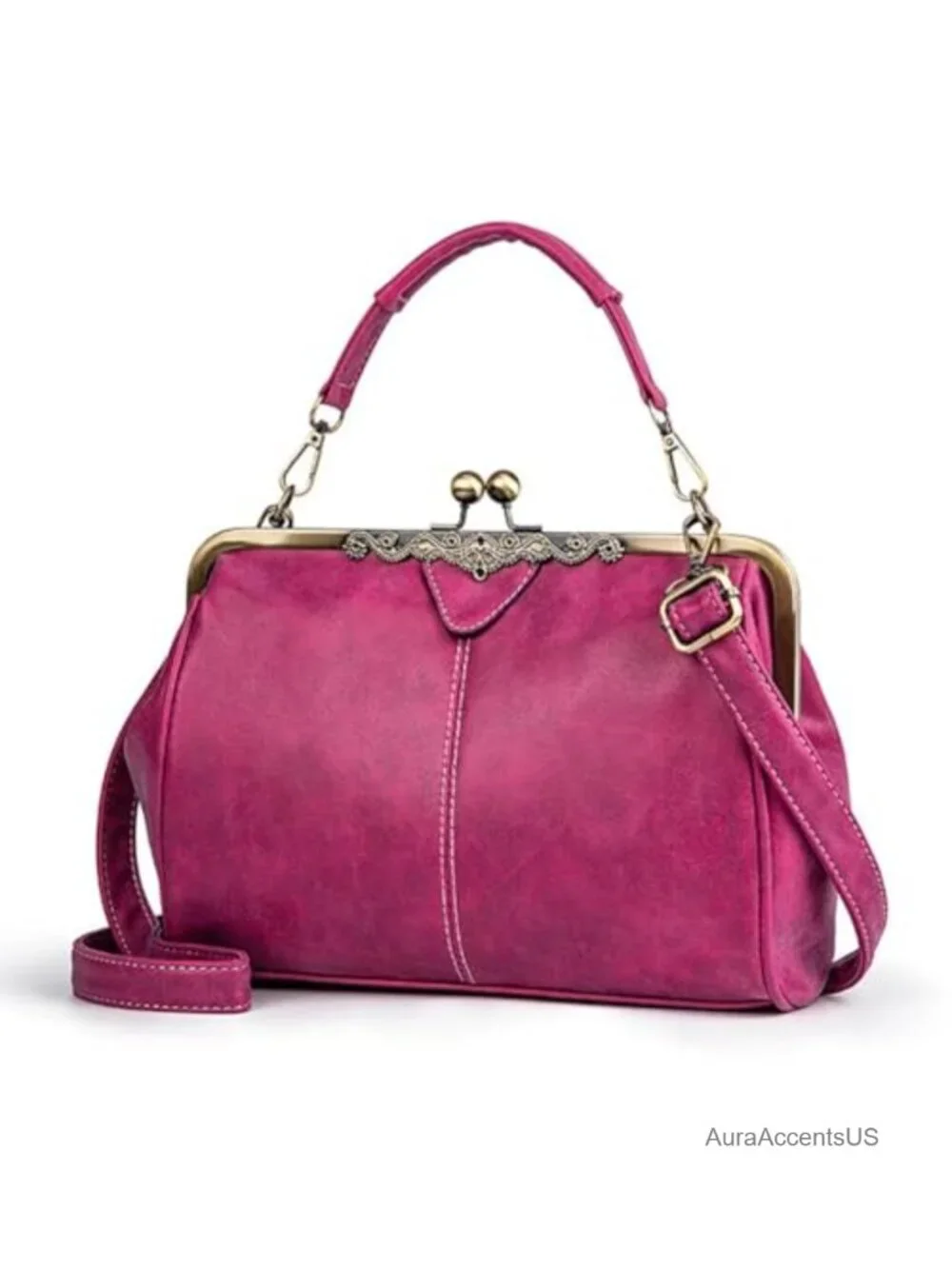 Vegan Leather Satchel Handbag with Kiss Lock, Adjustable Crossbody Strap